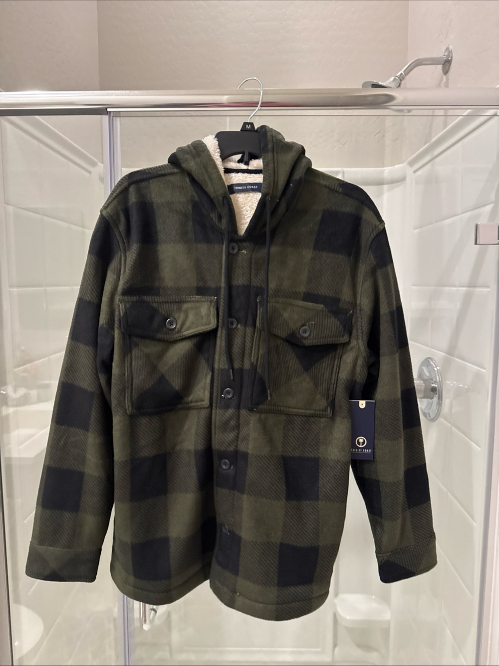 Sherpa-Lined Plaid Hooded Jacket - Olive/Black